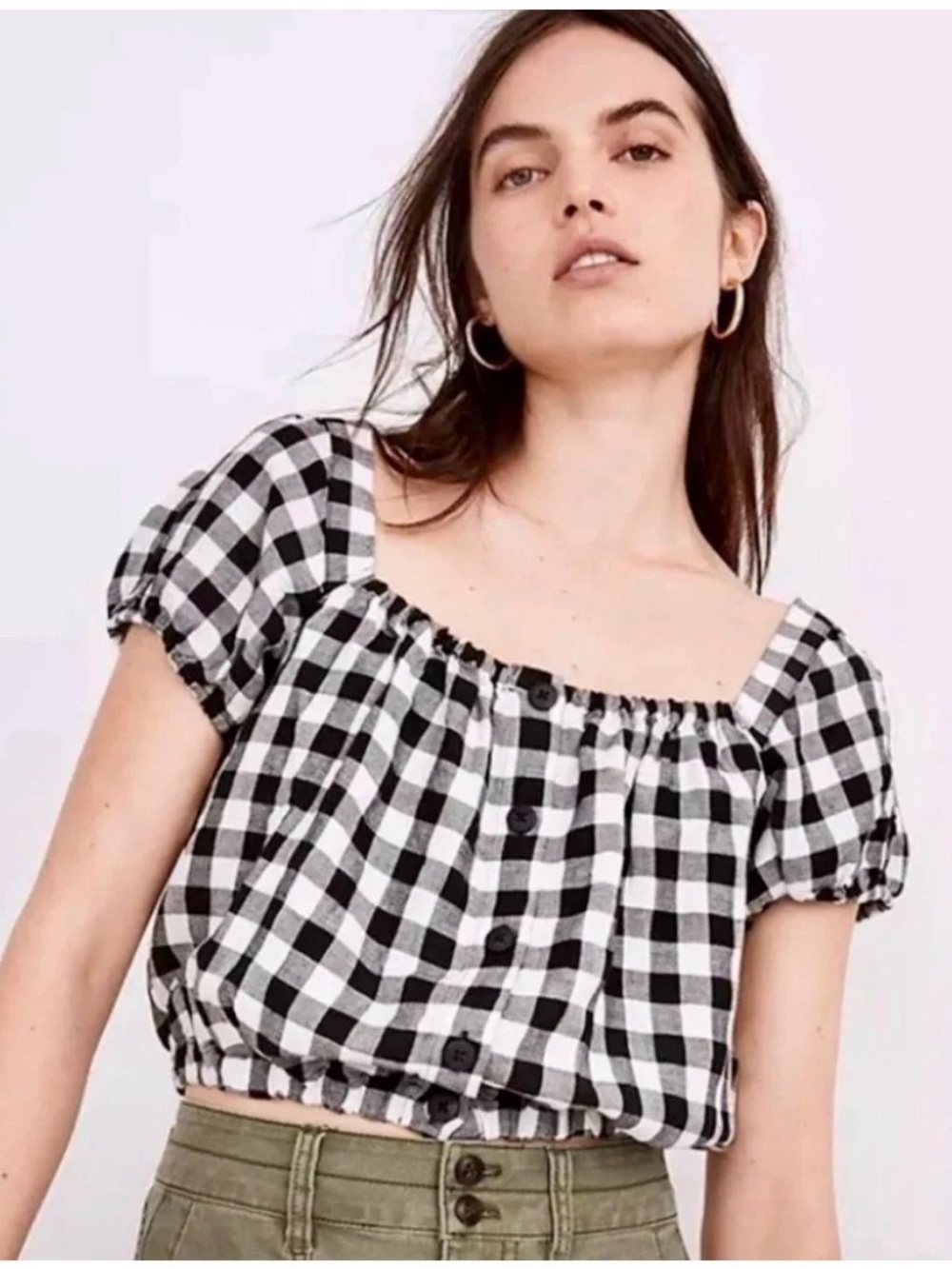 Madewell Black & White Gingham Button-Front Crop Top
